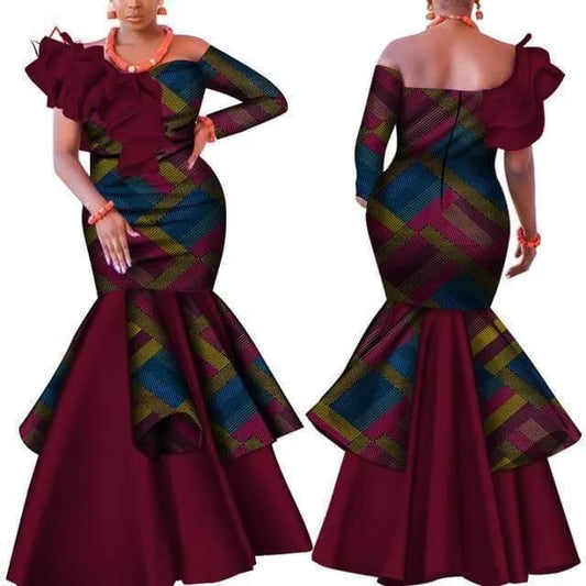 Slash Neck Burgundy African Dress-LeStyleParfait