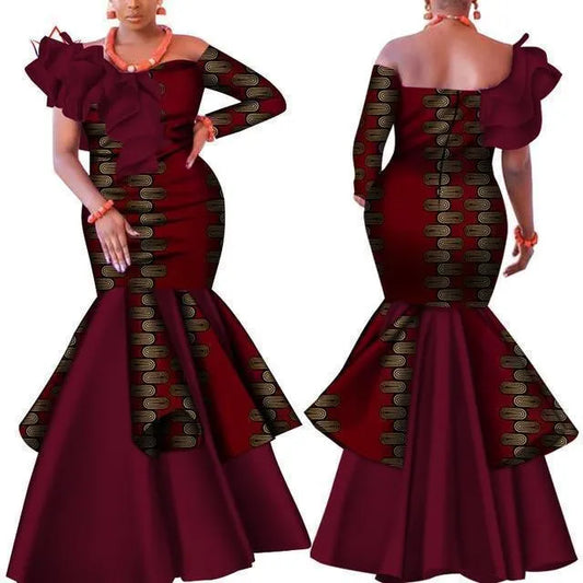 Slash Neck Maroon African Dress-LeStyleParfait