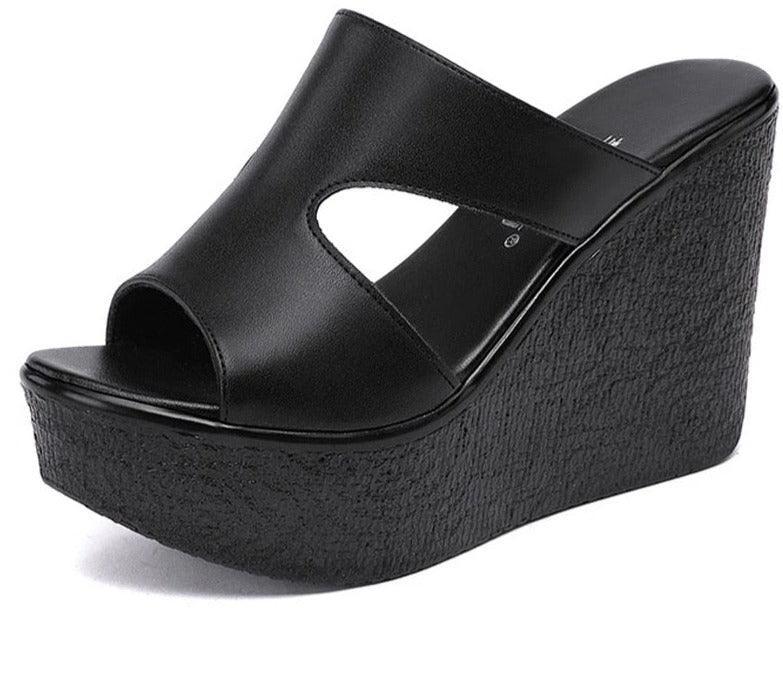 Slip-on Leather Wedge Sandals - Wedge Shoes - LeStyleParfait