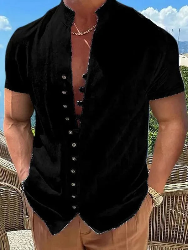 Stand Collar Linen Men Casual Shirt - Linen Shirt - LeStyleParfait