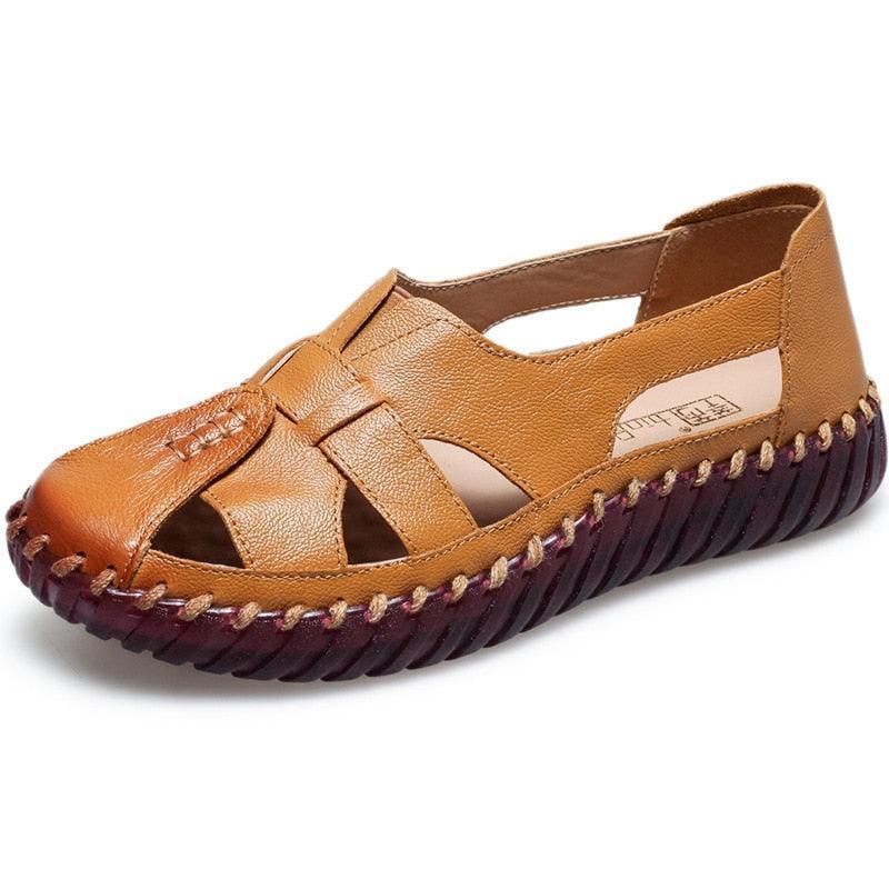 Stitched Leather Flat Sandals - Sandals - LeStyleParfait