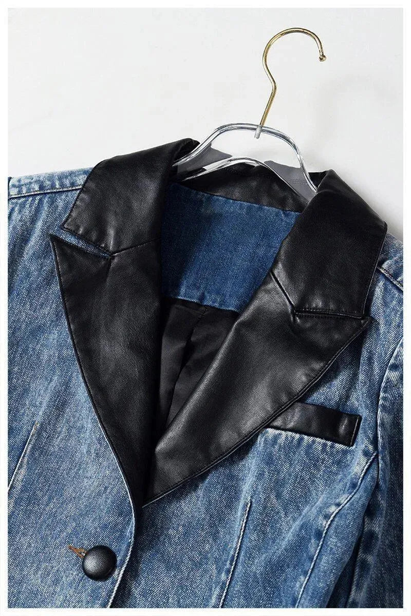 Streetwear Leather Collar Denim Blazer Women - Casual - Plain-Solid - Denim Blazer - LeStyleParfait