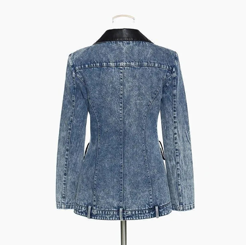 Streetwear Leather Collar Denim Blazer Women - Casual - Plain-Solid - Denim Blazer - LeStyleParfait