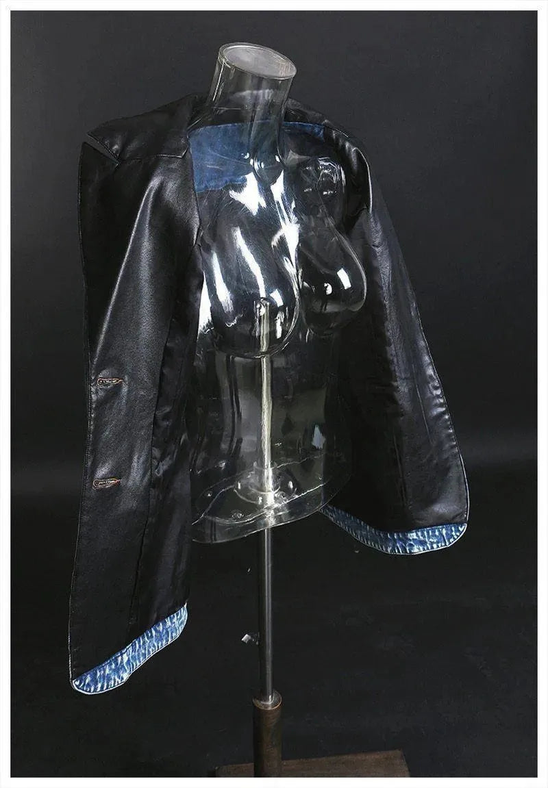 Streetwear Leather Collar Denim Blazer Women - Casual - Plain-Solid - Denim Blazer - LeStyleParfait