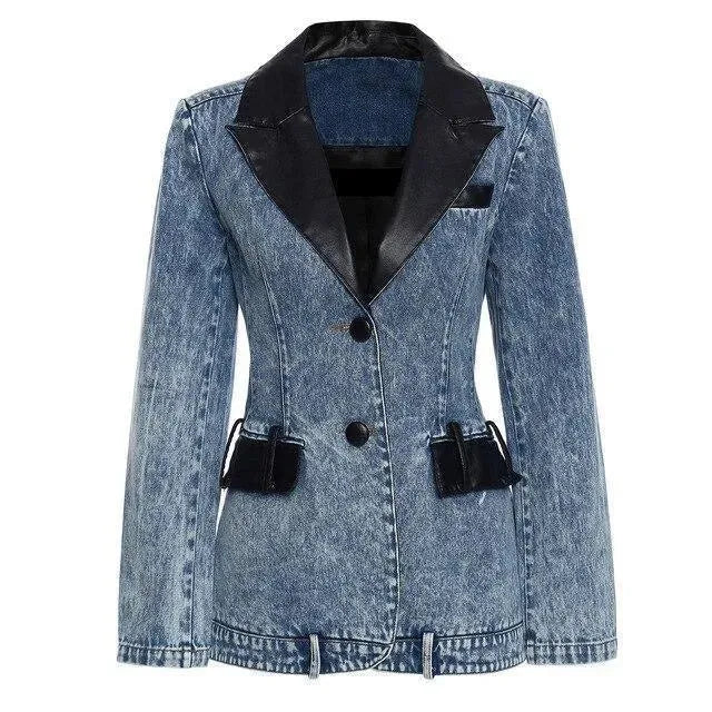 Streetwear Leather Collar Denim Blazer Women - Casual - Plain-Solid - Denim Blazer - LeStyleParfait