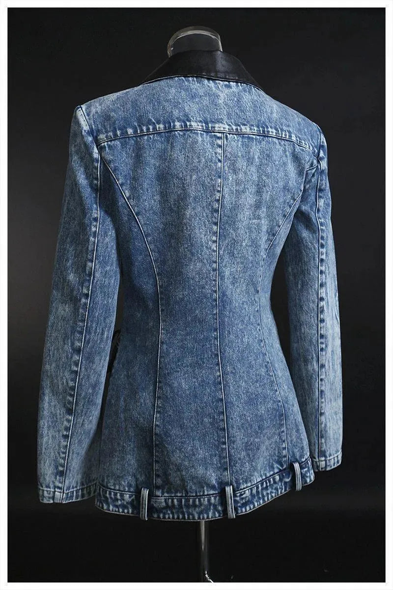 Streetwear Leather Collar Denim Blazer Women - Casual - Plain-Solid - Denim Blazer - LeStyleParfait