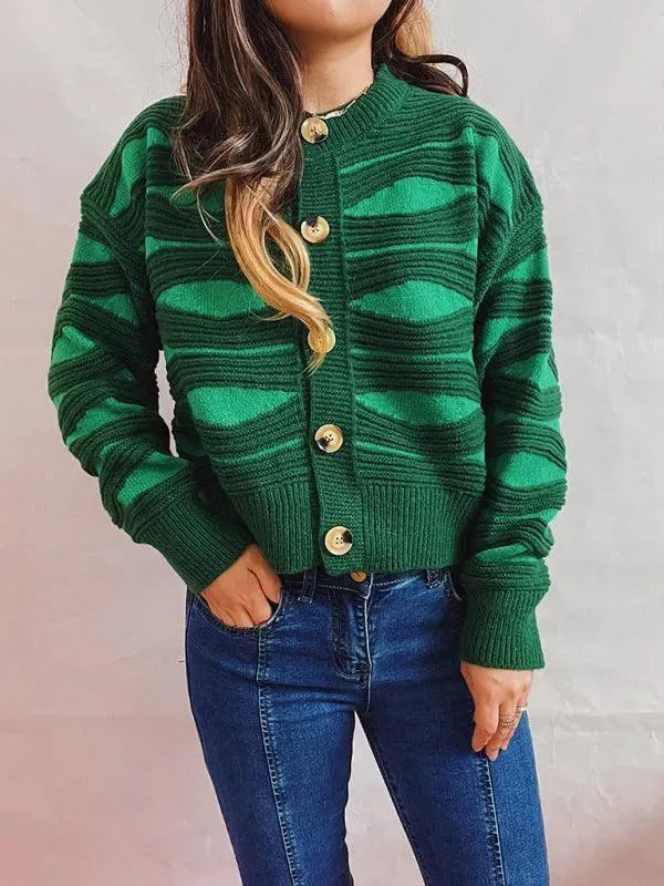 Striped Contrast Crewneck Short Cardigan