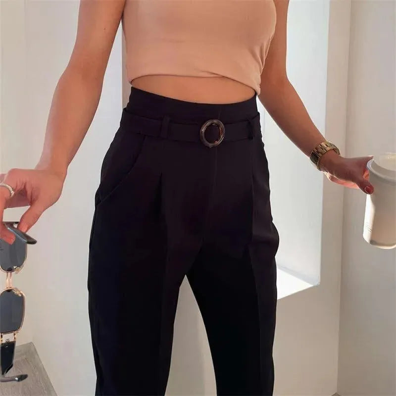 LeStyleParfait Women Pants Plain-Solid Women's Belted Polyester-Women Pants