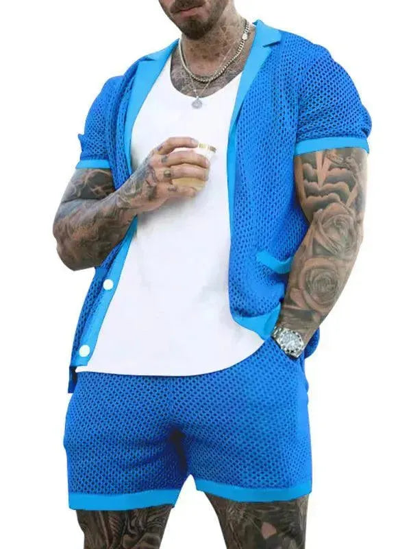 Stylish Mesh Short Sleeve Two-Piece Set - Solid Casual Shorts Two-Piece Set - LeStyleParfait