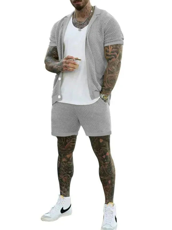 Stylish Mesh Short Sleeve Two-Piece Set - Solid Casual Shorts Two-Piece Set - LeStyleParfait