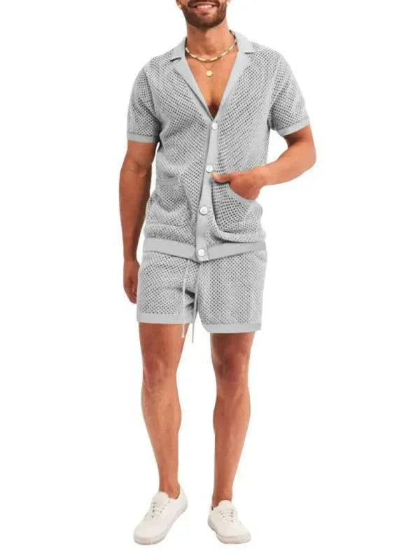 Stylish Mesh Short Sleeve Two-Piece Set - Solid Casual Shorts Two-Piece Set - LeStyleParfait