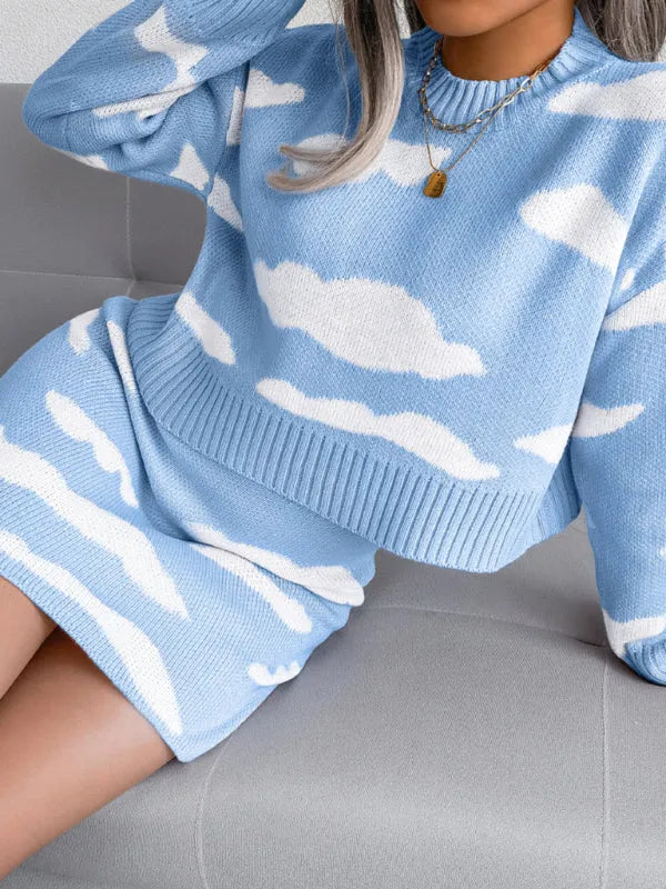 Stylish Women Abstract Knit Two-Piece Skirt Set Casual Crewneck Long Sleeve Relaxed Acrylic Fall | LeStyleParfait