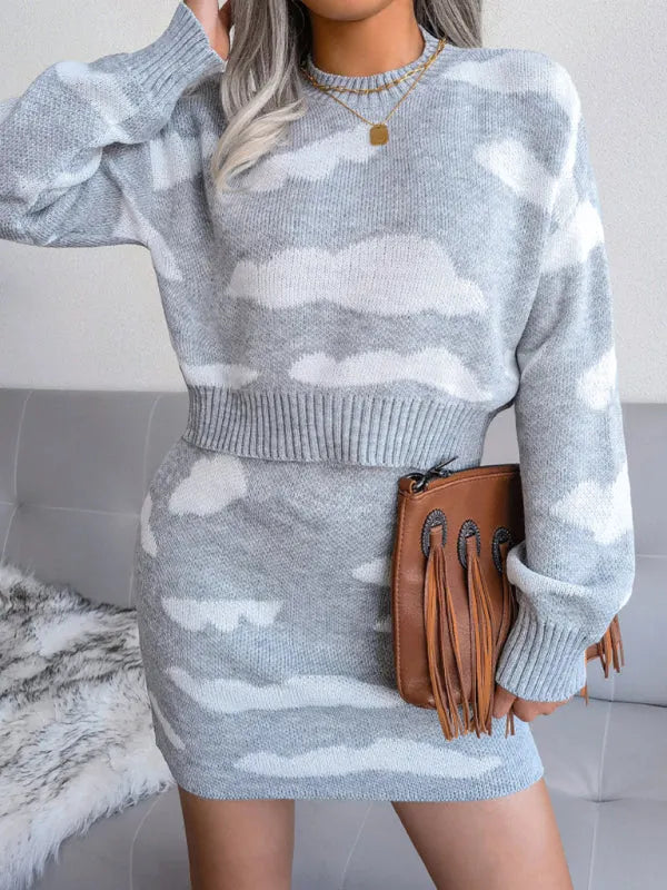 Stylish Women Abstract Knit Two-Piece Skirt Set Casual Crewneck Long Sleeve Relaxed Acrylic Fall | LeStyleParfait