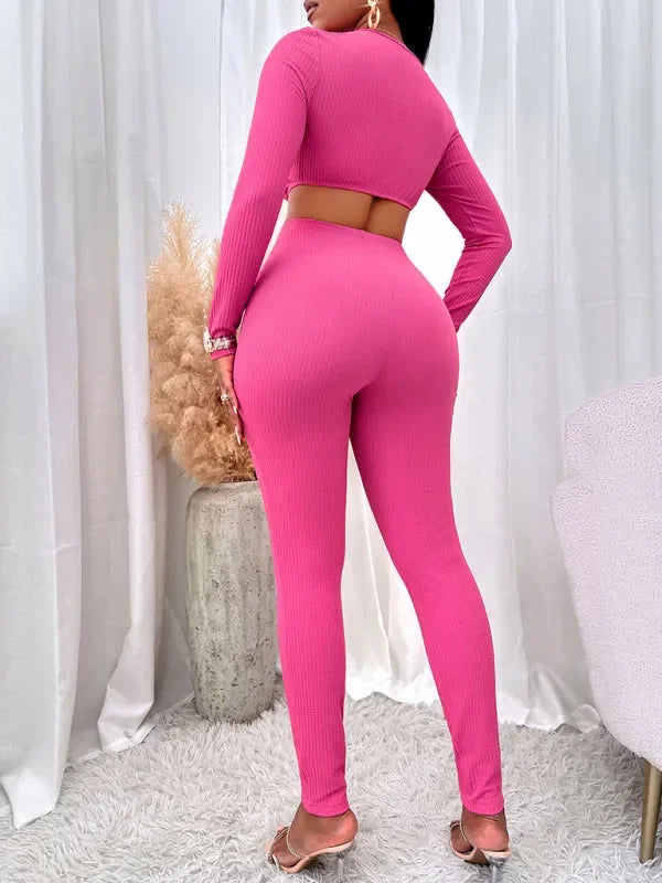 Stylish Women Casual Ribbed Two-Piece Set - Casual Pants Set - LeStyleParfait