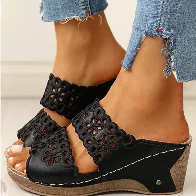 Summer Slip-on Leather Wedge Sandals - Wedge Shoes - LeStyleParfait