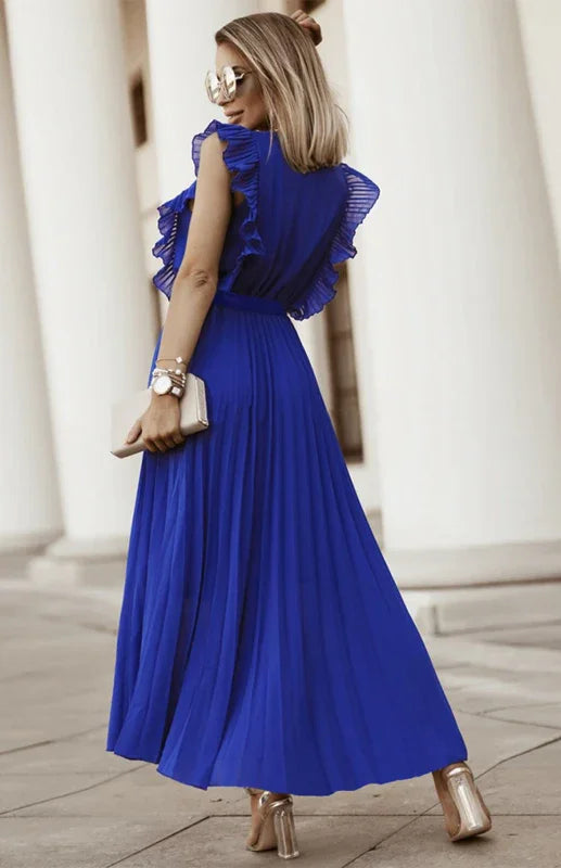 Women Midi Dress Solid V-Neck Ruffle Sleeve Wrap Fit Chiffon Summer Occasion | LeStyleParfait