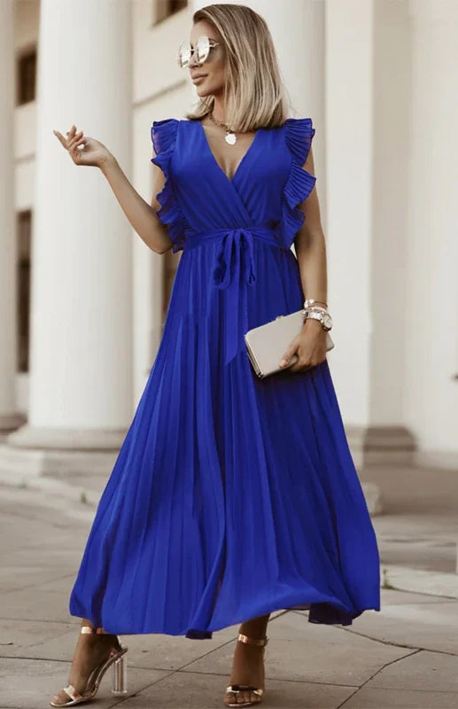 Women Midi Dress Solid V-Neck Ruffle Sleeve Wrap Fit Chiffon Summer Occasion | LeStyleParfait