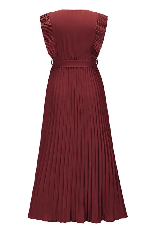 Women Midi Dress Solid V-Neck Ruffle Sleeve Wrap Fit Chiffon Summer Occasion | LeStyleParfait