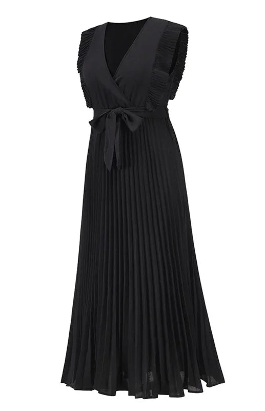 Women Midi Dress Solid V-Neck Ruffle Sleeve Wrap Fit Chiffon Summer Occasion | LeStyleParfait