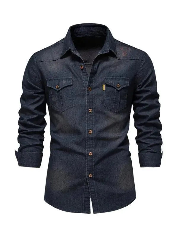 Two-Pocket Denim Men Shirt - Long Sleeve Shirt - LeStyleParfait