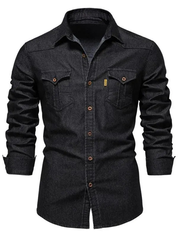 Two-Pocket Denim Men Shirt - Long Sleeve Shirt - LeStyleParfait