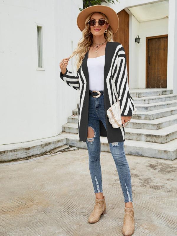 V-Neck Diamond Stripe Cardigan Sweater - Cardigan Sweater - LeStyleParfait