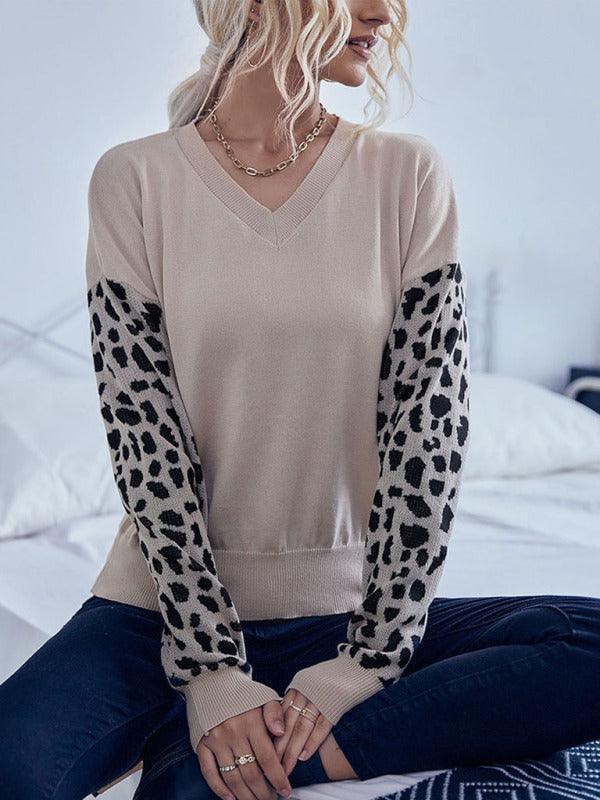 V-Neck Knitted Sweater Top Women With Wild Print Sleeves - Pullover Sweater - LeStyleParfait