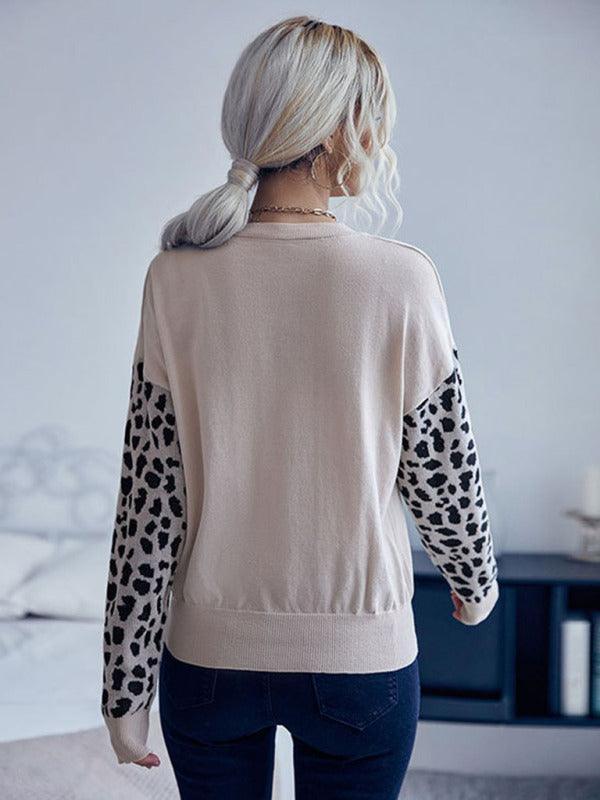 V-Neck Knitted Sweater Top Women With Wild Print Sleeves - Pullover Sweater - LeStyleParfait