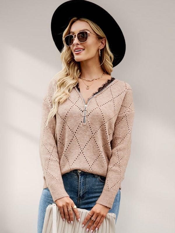 V-Neck Zipper Knitwear Sweater Top for Women - Pullover Sweater - LeStyleParfait