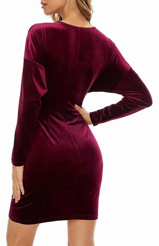 Women Dress Solid V-Neck Long Sleeves Slim Fit Velvet Winter Cocktail | LeStyleParfait