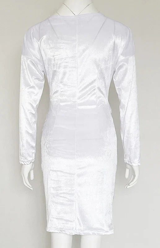 Women Dress Solid V-Neck Long Sleeves Slim Fit Velvet Winter Cocktail | LeStyleParfait