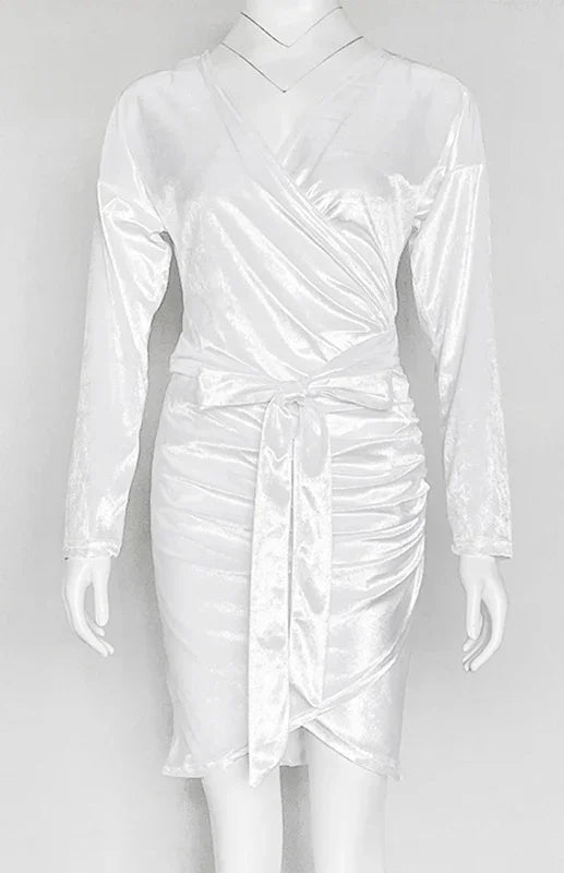 Women Dress Solid V-Neck Long Sleeves Slim Fit Velvet Winter Cocktail | LeStyleParfait