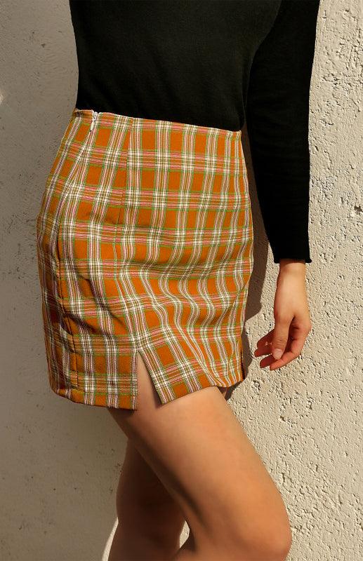 Versatile Hip Wrap Split High Waist Plaid Skirt - - LeStyleParfait