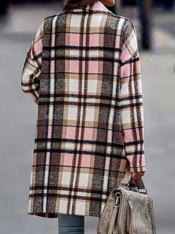 Winter Women Lapel Plaid Wool Overcoat-Plaid Coat-LeStyleParfait