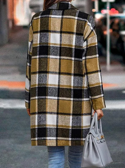 Winter Women Lapel Plaid Wool Overcoat-Plaid Coat-LeStyleParfait