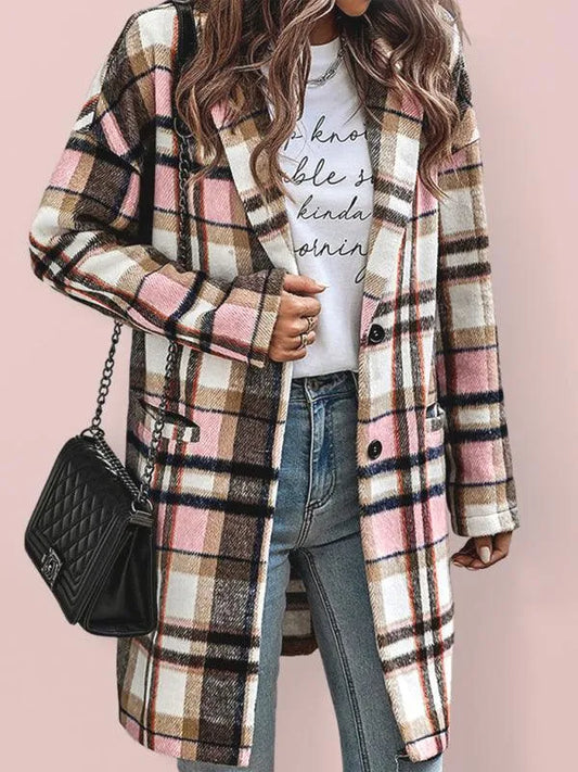 Winter Women Lapel Plaid Wool Overcoat - Plaid Coat - LeStyleParfait