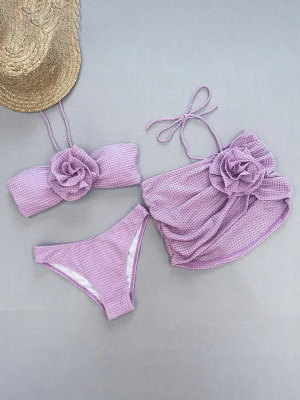 Women Floral White Bandeau Bikini Set