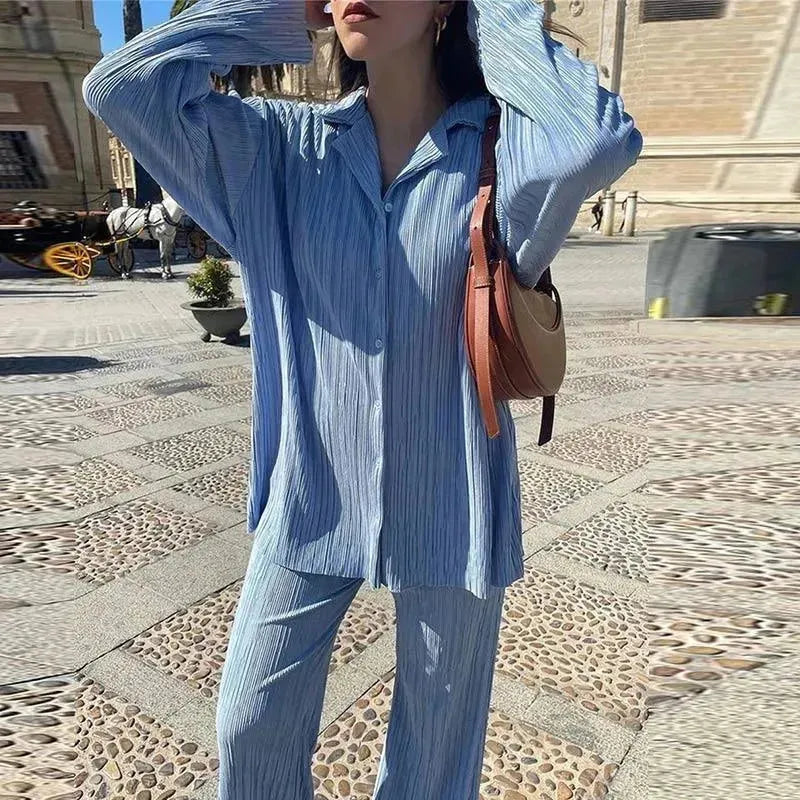 Women Pleated Two-Piece Pants Set - Pleated Pants Set - LeStyleParfait