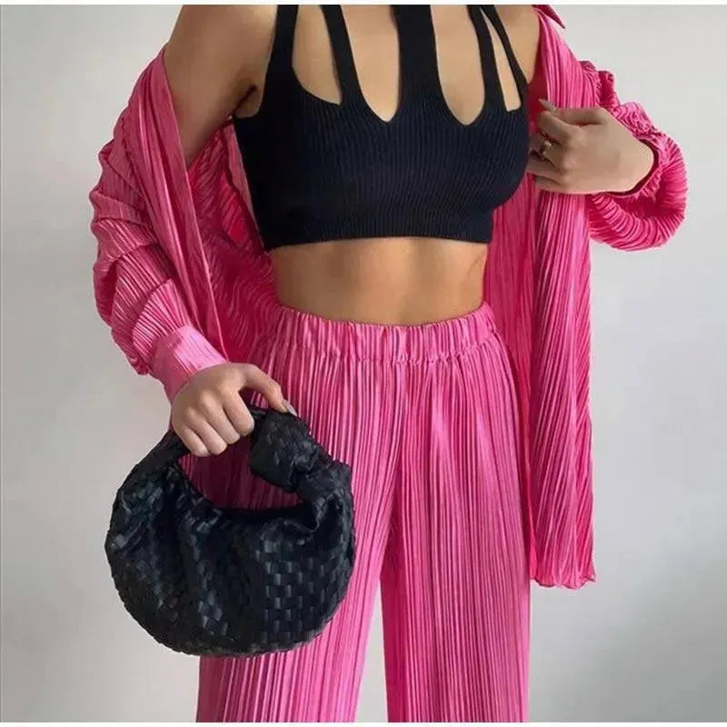 Women Pleated Two-Piece Pants Set - Pleated Pants Set - LeStyleParfait