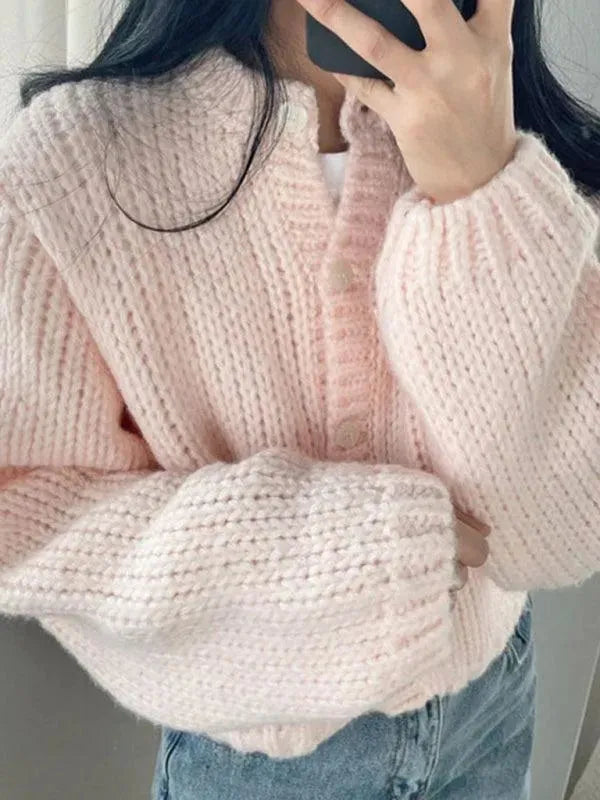 Women’s Cropped Crew Neck Cardigan Sweater – Textured Knit