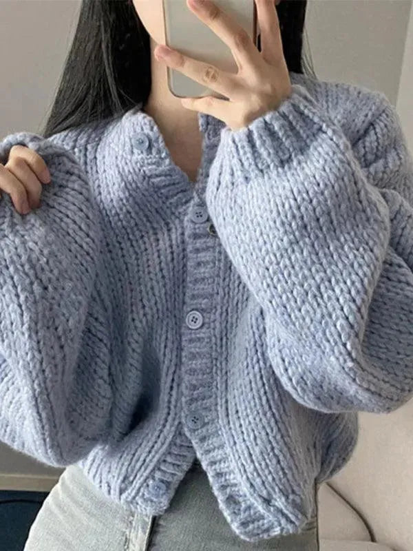 Women’s Cropped Crew Neck Cardigan Sweater – Textured Knit