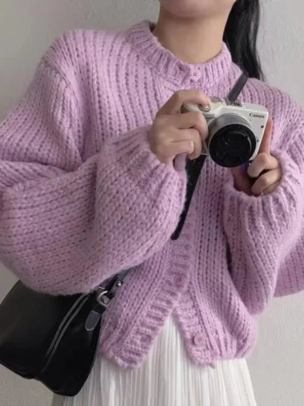 Women’s Cropped Crew Neck Cardigan Sweater – Textured Knit