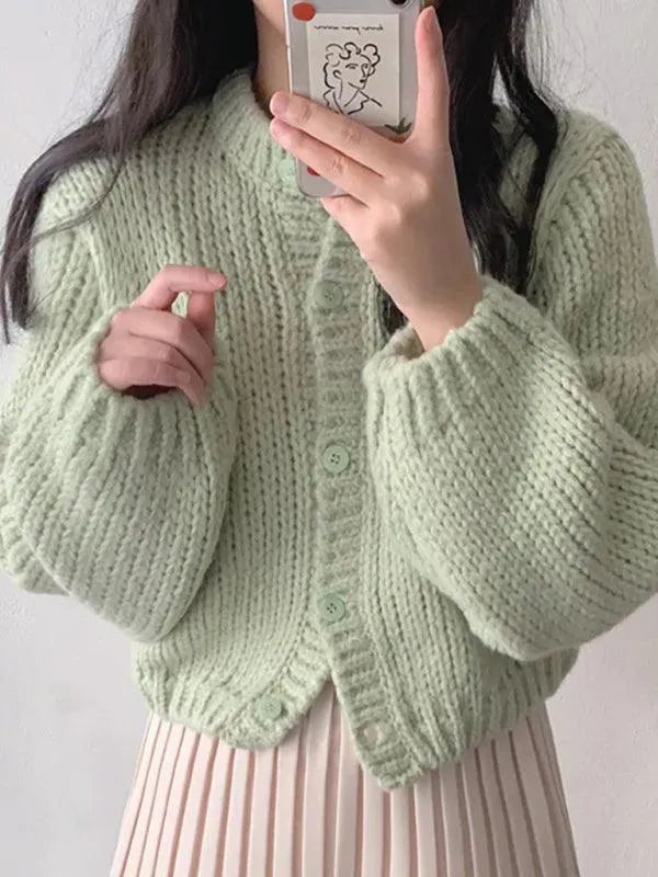 Women’s Cropped Crew Neck Cardigan Sweater – Textured Knit