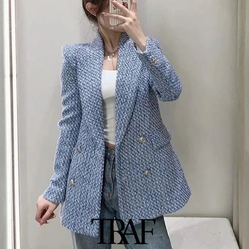 Women's Double-Breasted Tweed Blazer - Tweed Blazer - LeStyleParfait