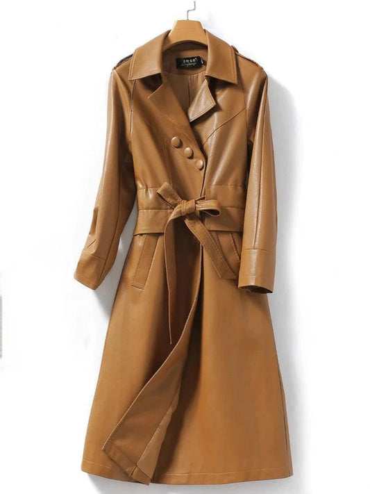 Women's Long Belted Leather Overcoat - Overcoat - LeStyleParfait