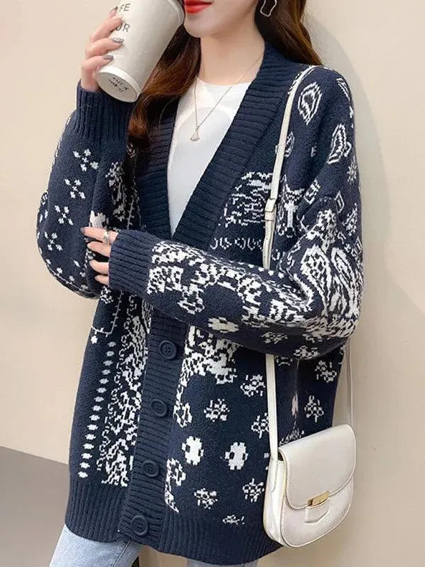 Women’s Snowflake Jacquard Cardigan Sweater – Holiday V-Neck Knit