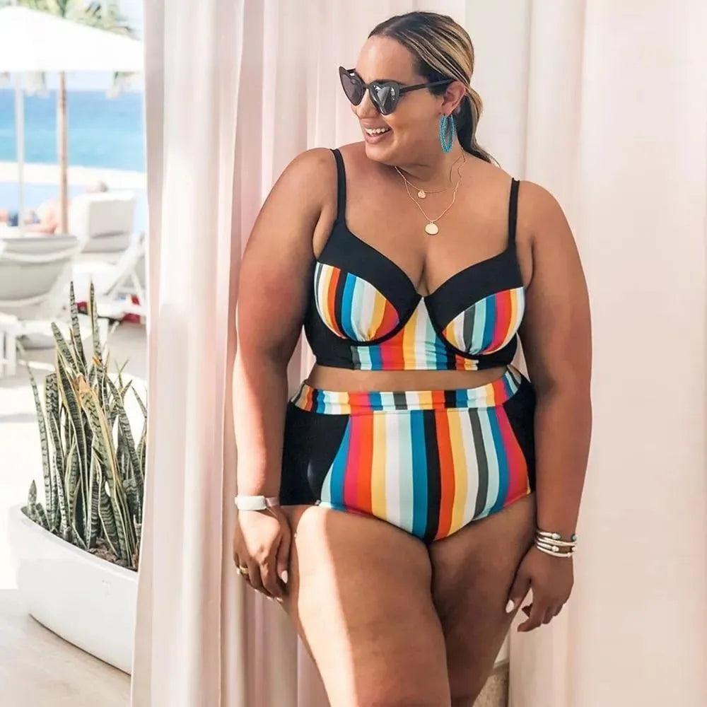 Women Striped Sporty High Waisted Bikini Set