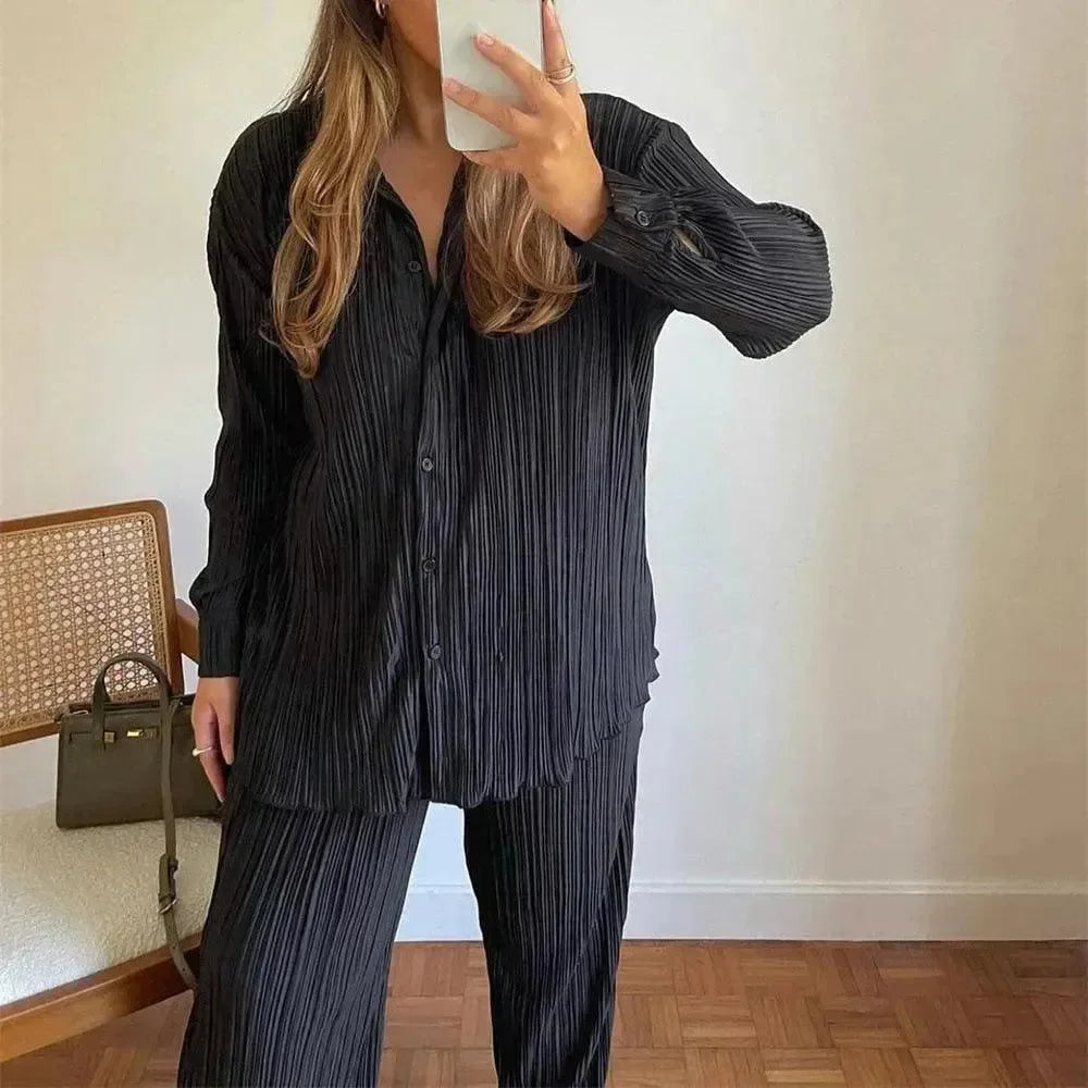 Women Vibrant Pleated Two-Piece Pants Set - Pleated Pants Set - LeStyleParfait