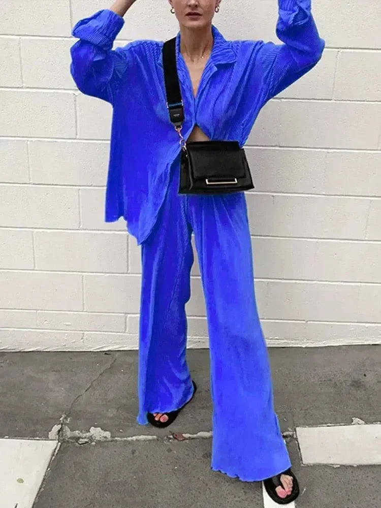 Women Vibrant Pleated Two-Piece Pants Set - Pleated Pants Set - LeStyleParfait