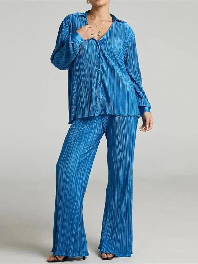 Women Vibrant Pleated Two-Piece Pants Set - Pleated Pants Set - LeStyleParfait